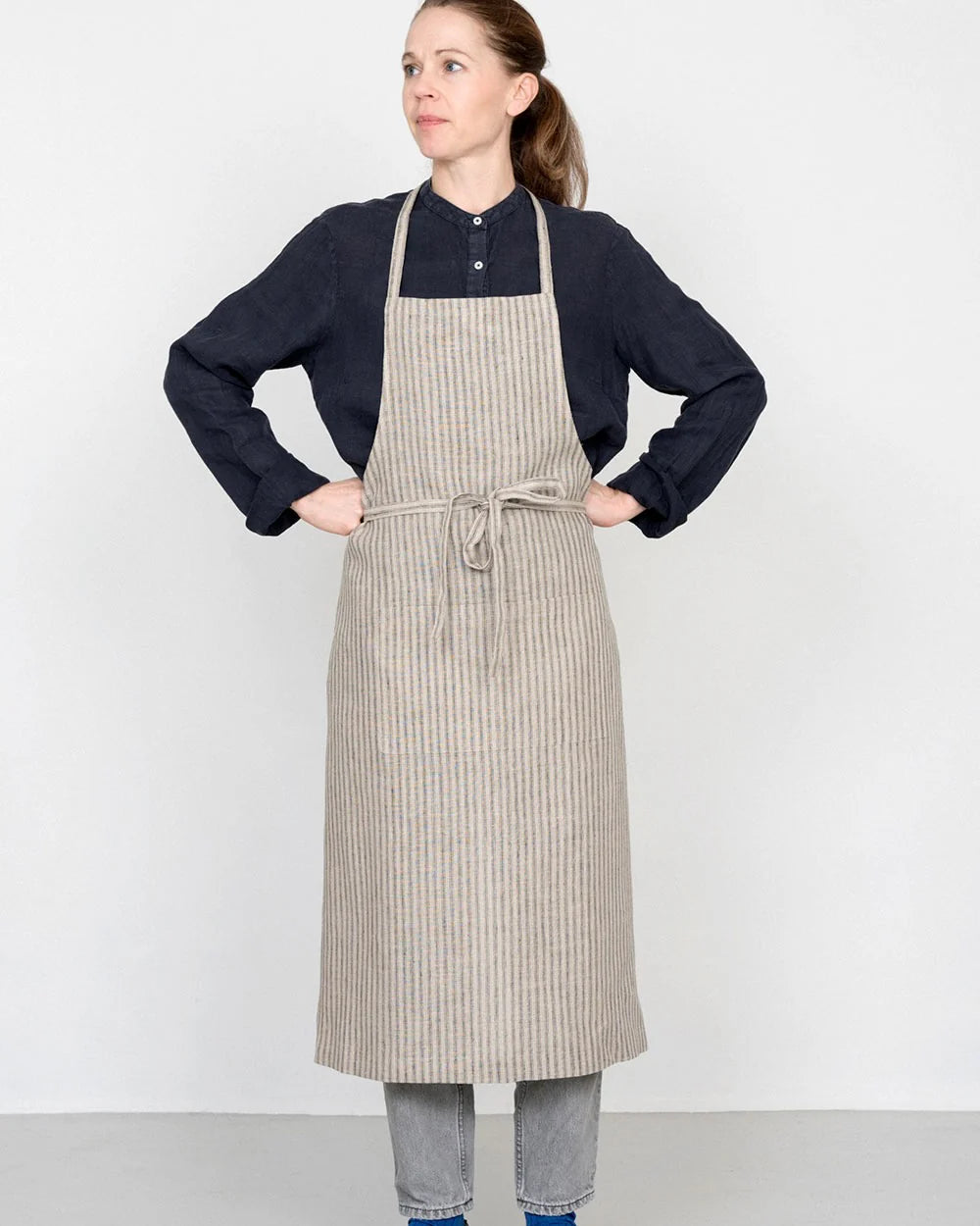 Linen Full Apron - Natural/Black Ticking Stripe