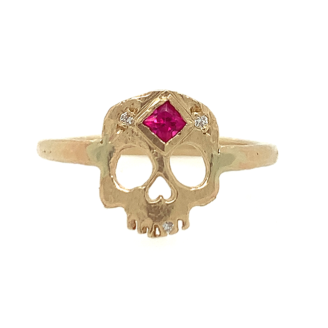 Skull + Princess Cut Ruby Ring