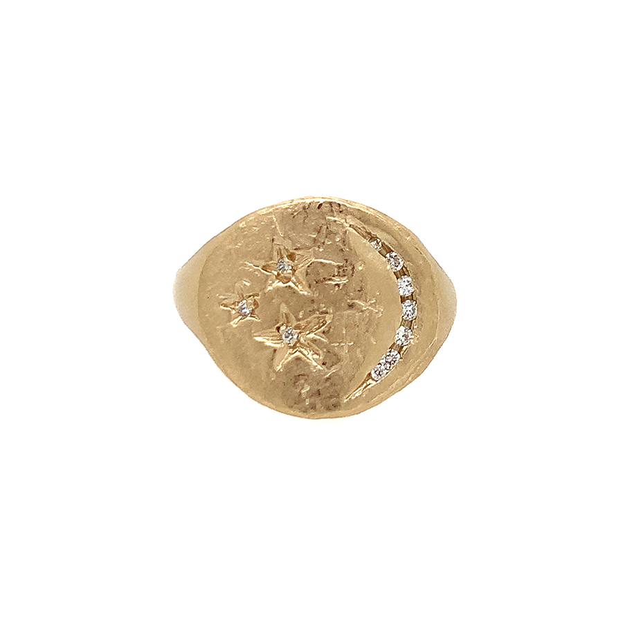 Diamond Moon + Stars Signet Ring