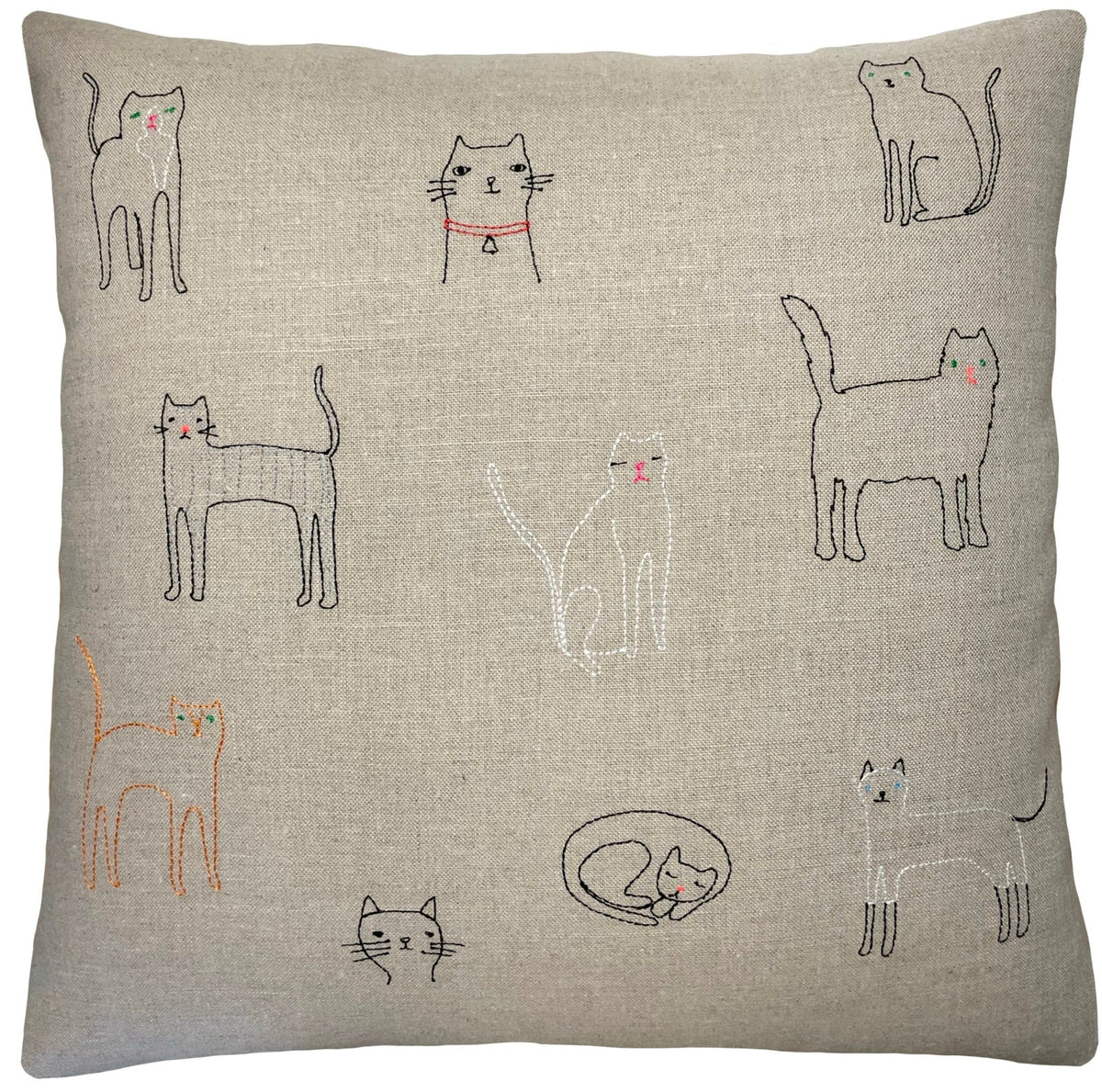 Embroidered Linen Pillow - Cats