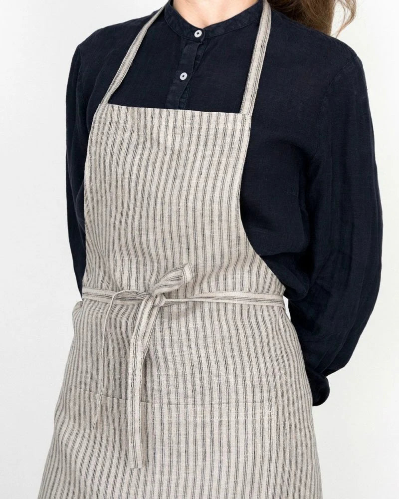 Linen Full Apron - Natural/Black Ticking Stripe