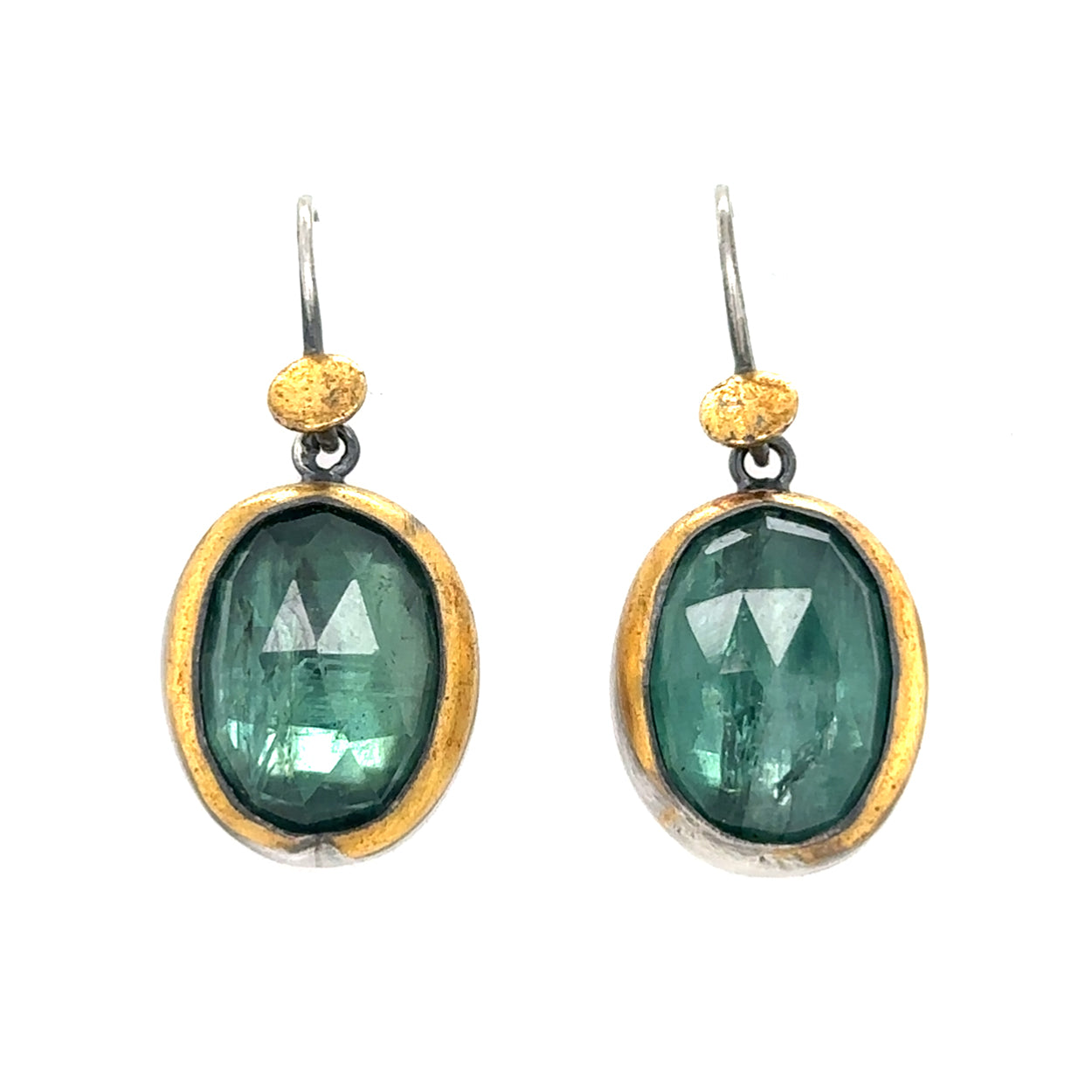 Golden Dot Dangle Earrings - Oval Teal Kyanite