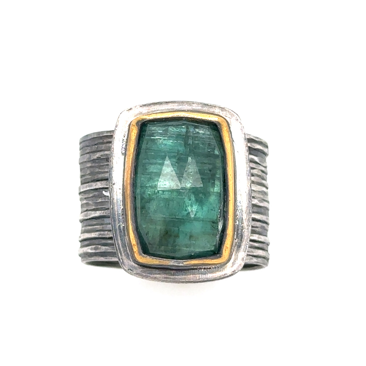 Rectangle Teal Kyanite Keum-Boo Ring on Wide Band