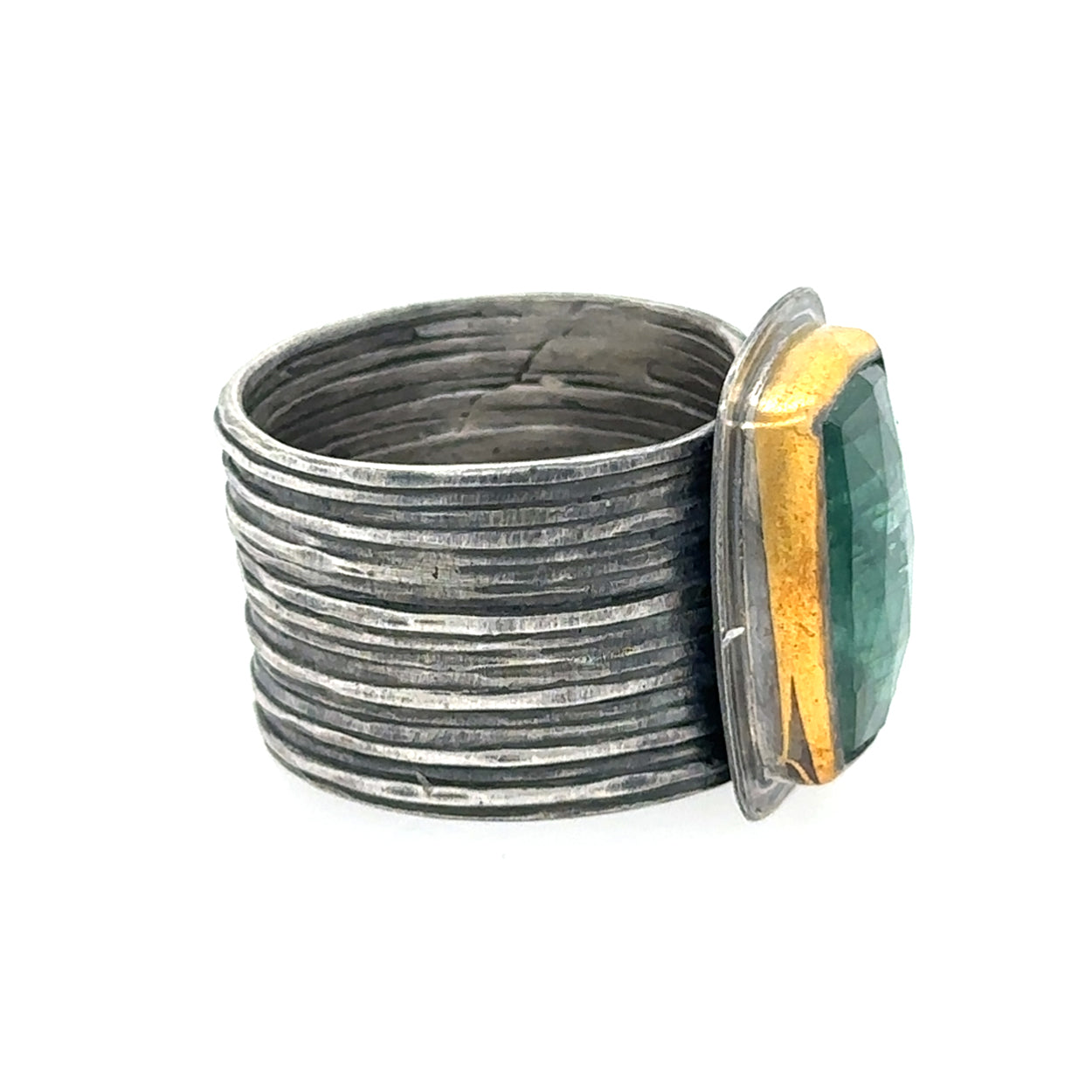 Rectangle Teal Kyanite Keum-Boo Ring on Wide Band