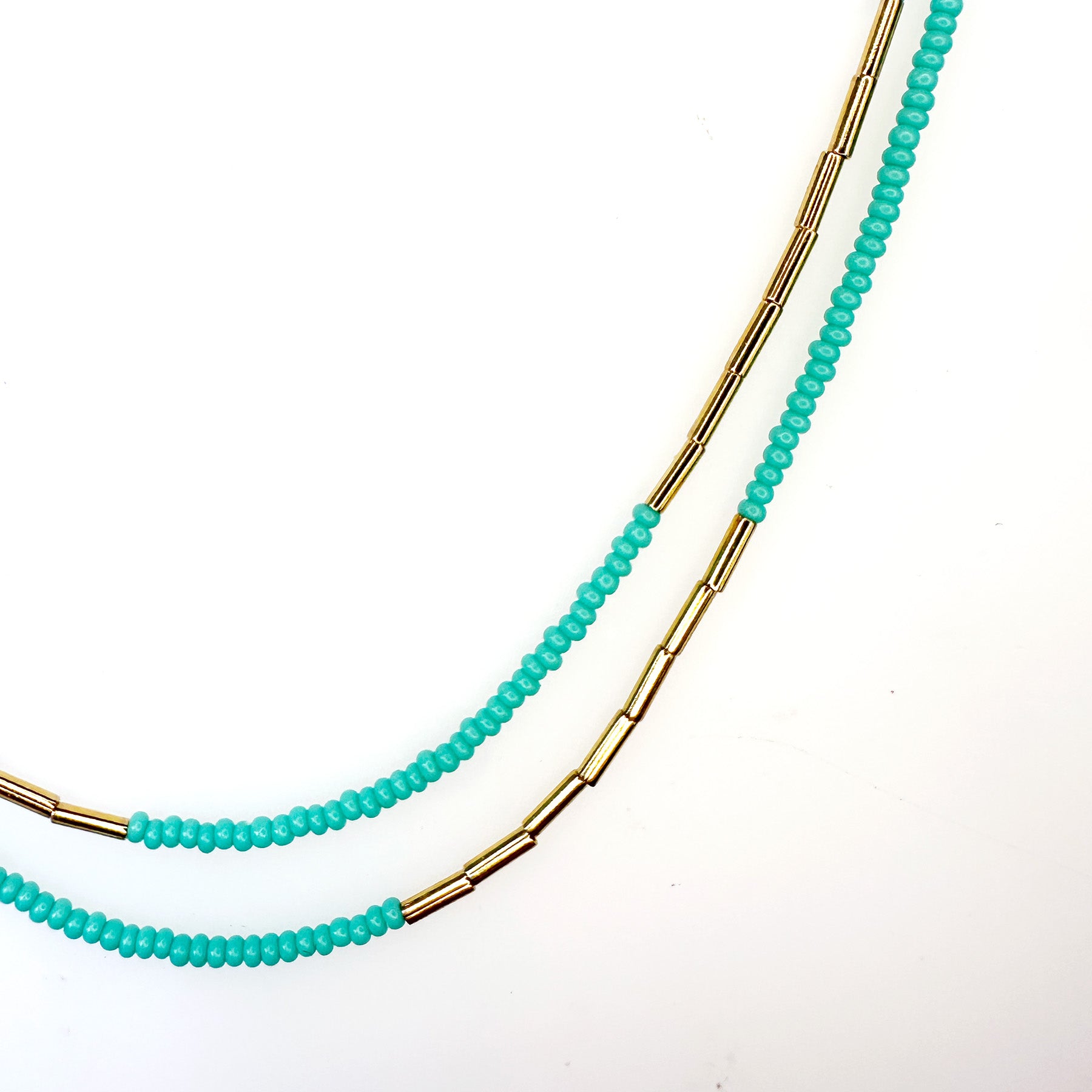 33" Seed Bead Necklace - Turquoise + Gold Tube