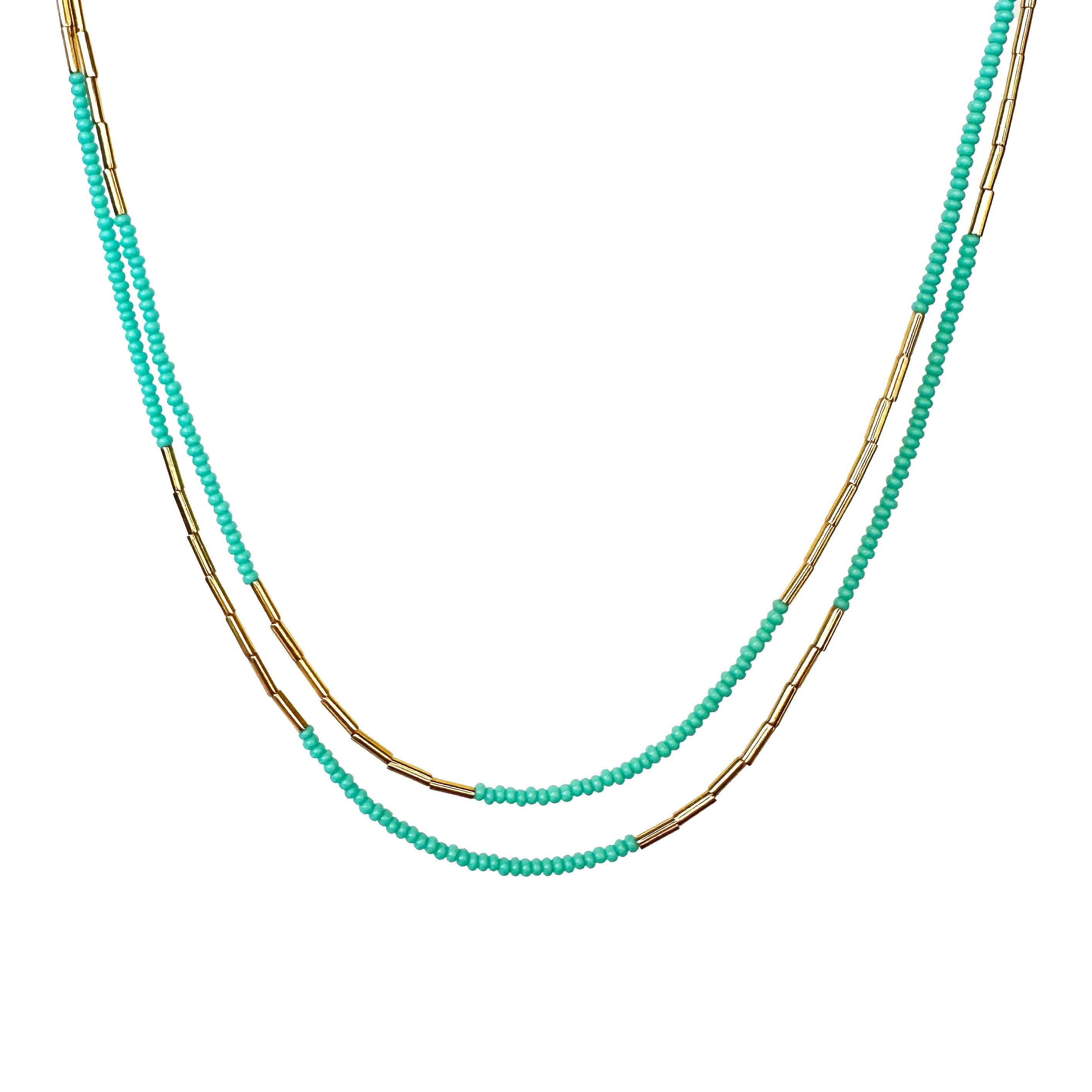 33" Seed Bead Necklace - Turquoise + Gold Tube