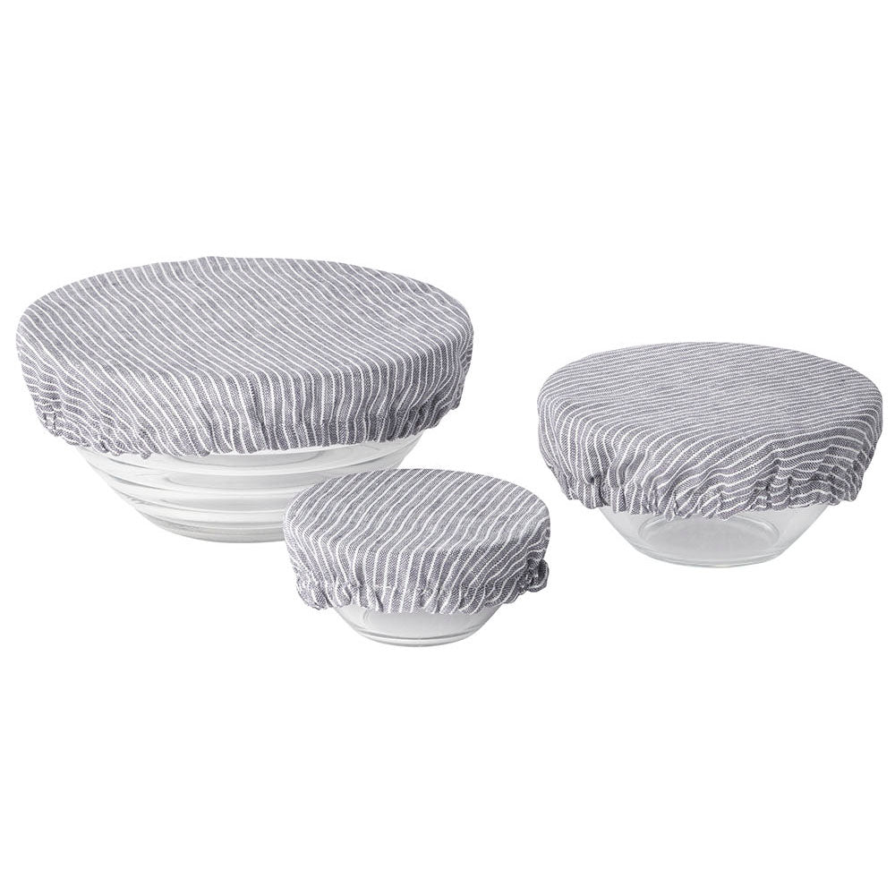 Linen Bowl Cover Set - Grey + White Stripe