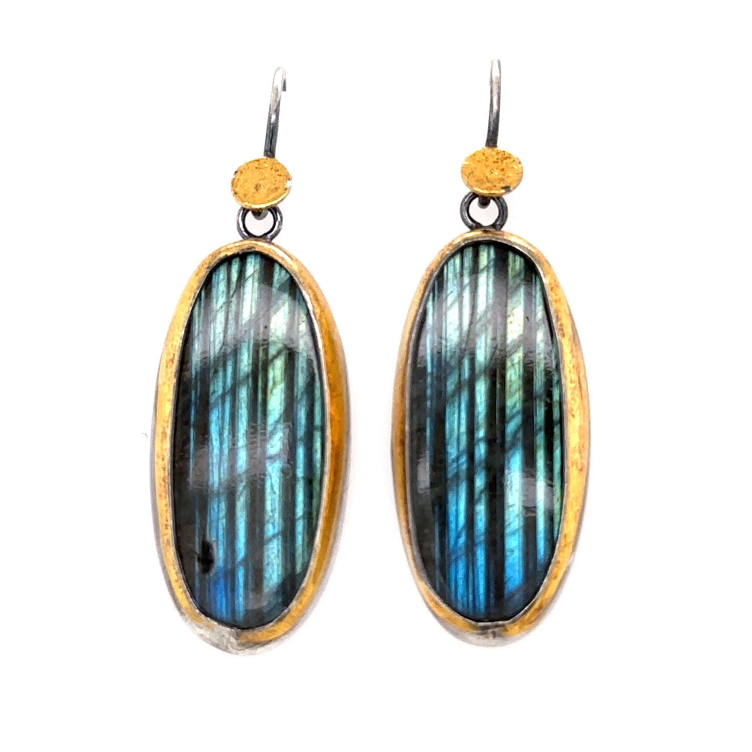 Golden Dot Earrings - Striped Oval Labradorite