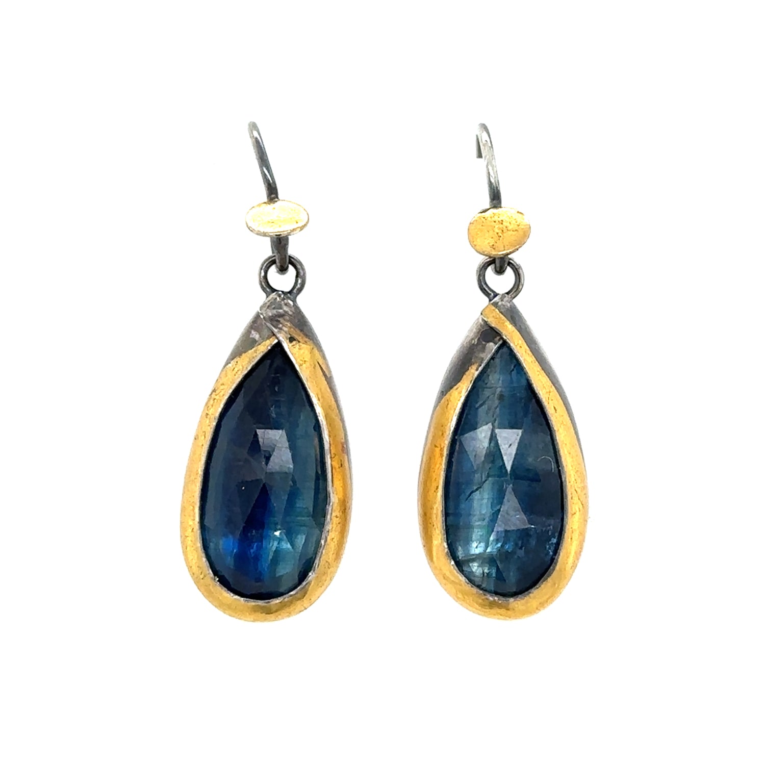 Golden Dot Dangle Earrings - Teardrop Deep Blue Kyanite