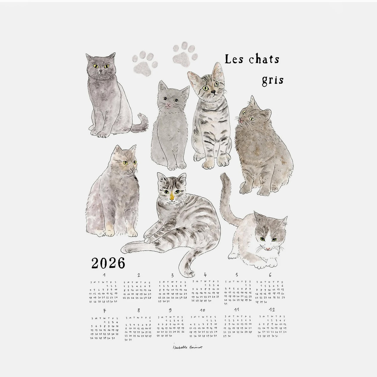 2026 Fabric Calendar - Les Chats Gris (Gray Cats)