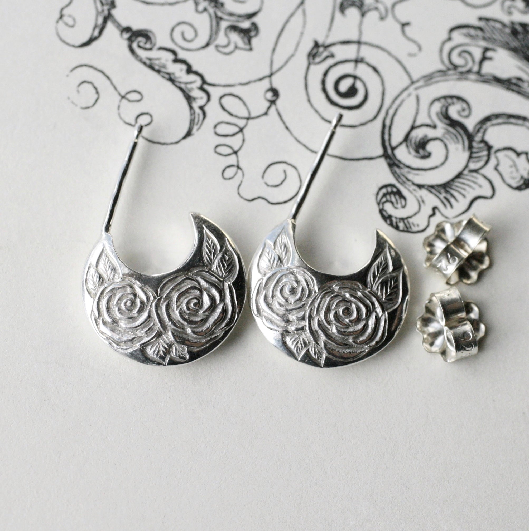 Silver Beloved Rose Hoops