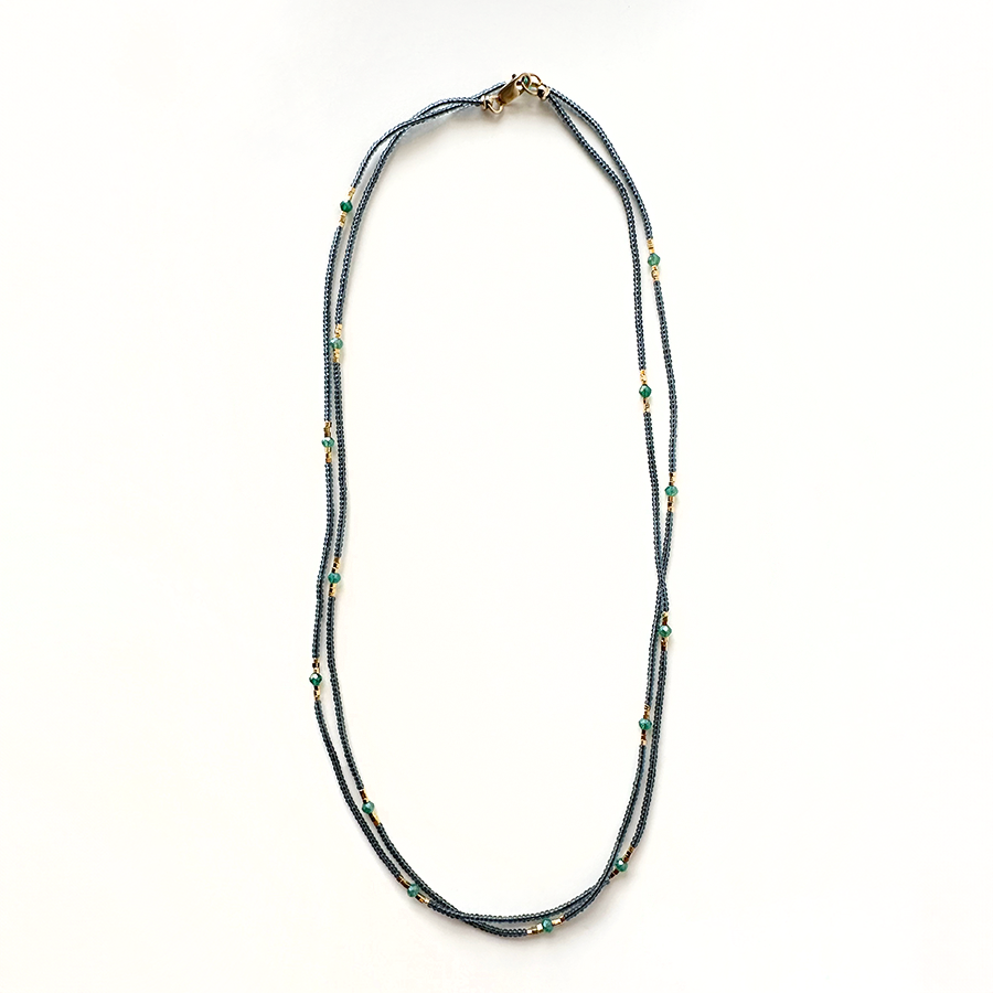 17" Grey Seed Bead Necklace - Green Onyx + Vermeil