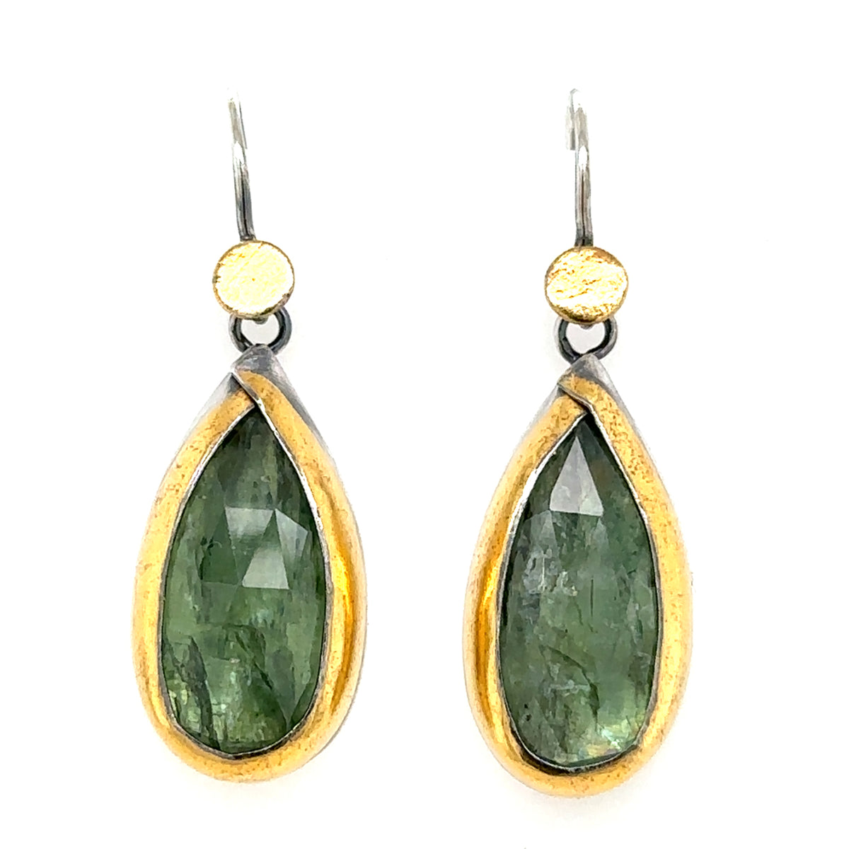 Golden Dot Earrings - Mossy Green Teardrop Kyanite