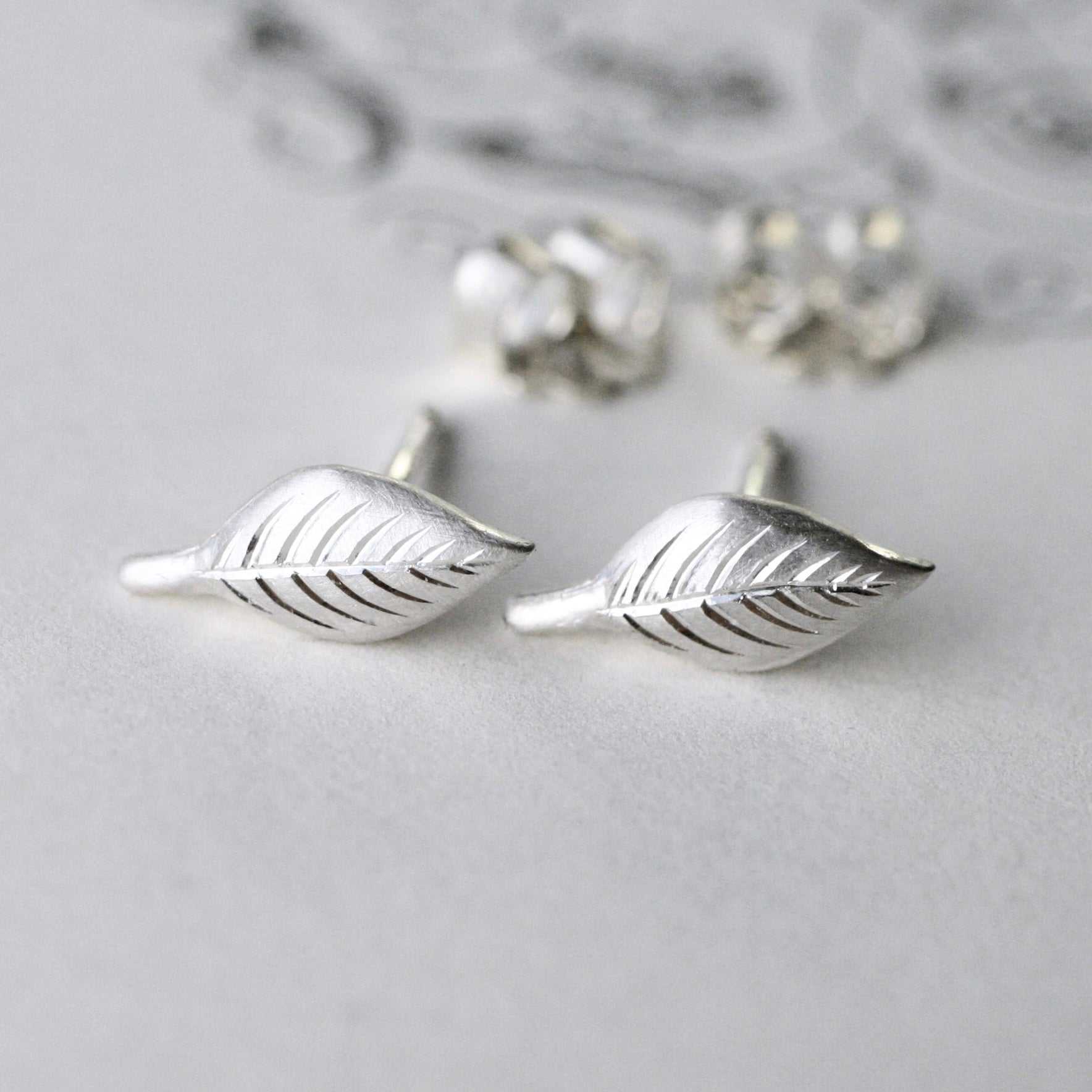 Silver Engraved Leaf Studs