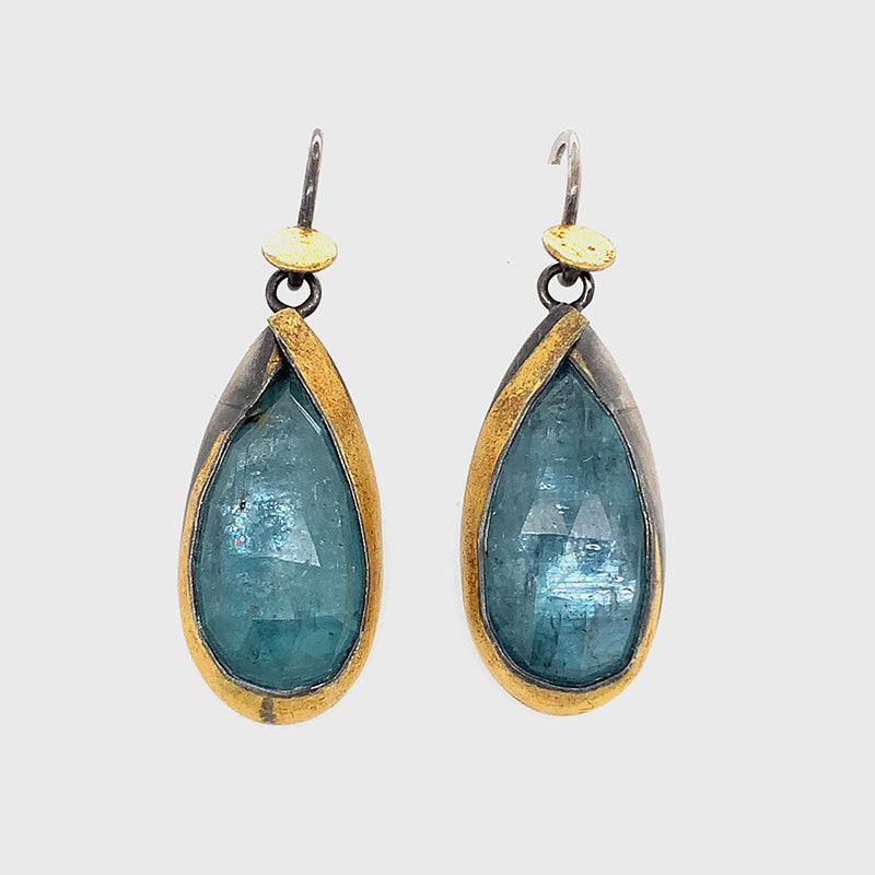 Golden Dot Earrings - Teardrop Sky Blue Kyanite