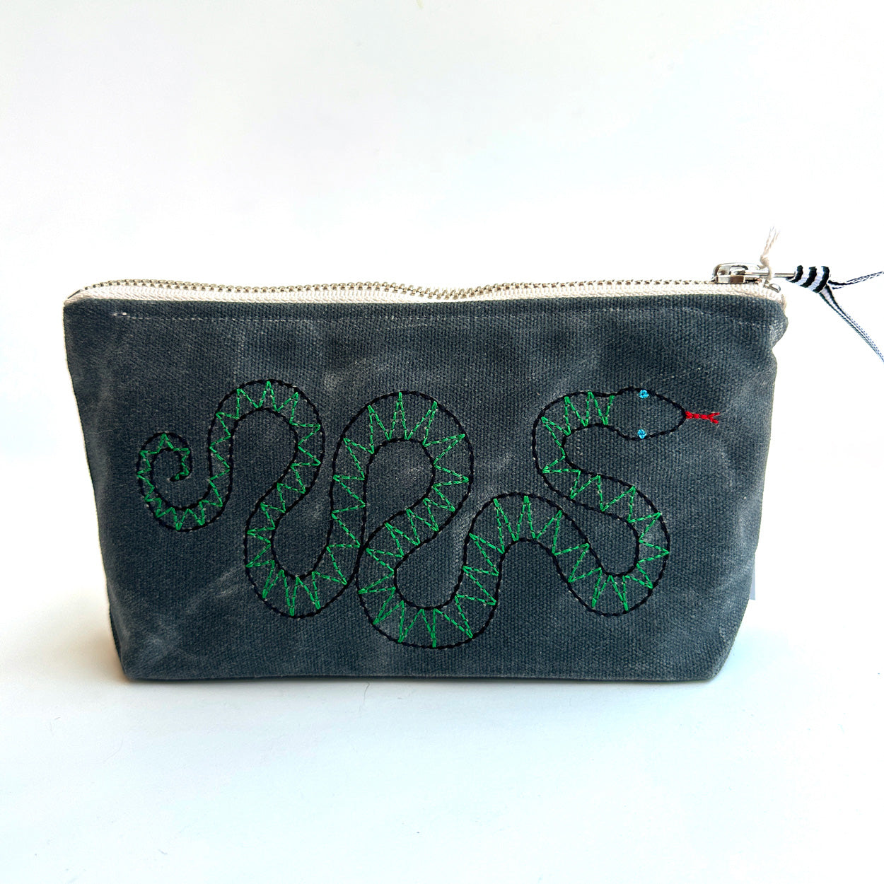 Embroidered Waxed Canvas Pouch - Snake