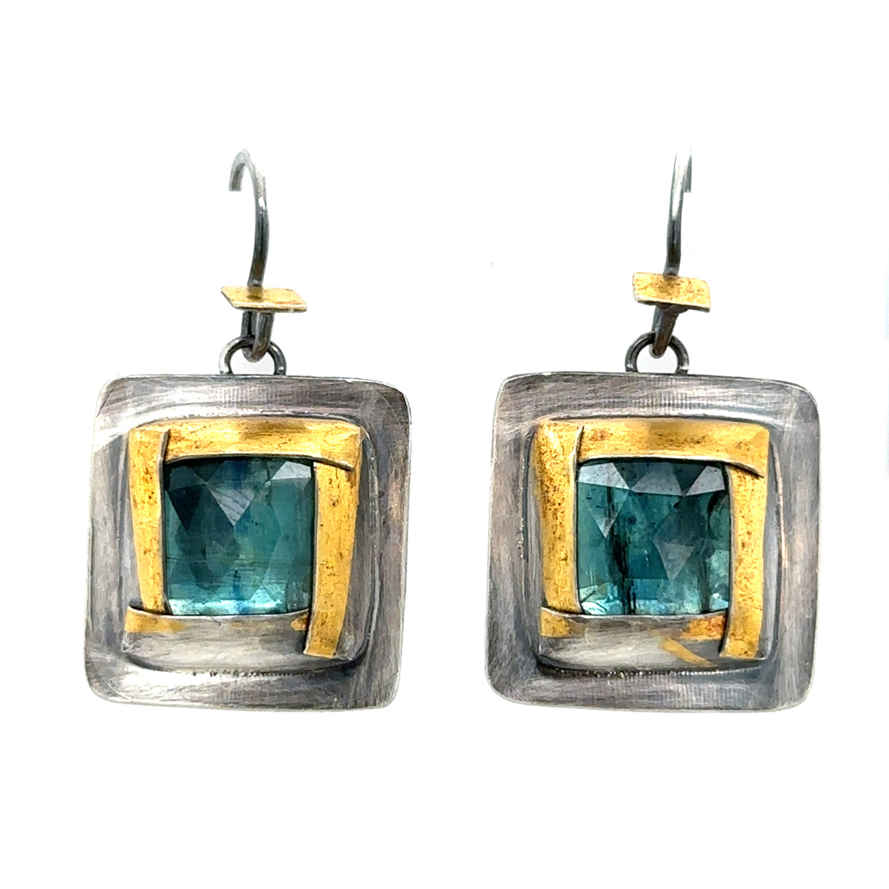 Golden Square Earrings - Teal Kyanite
