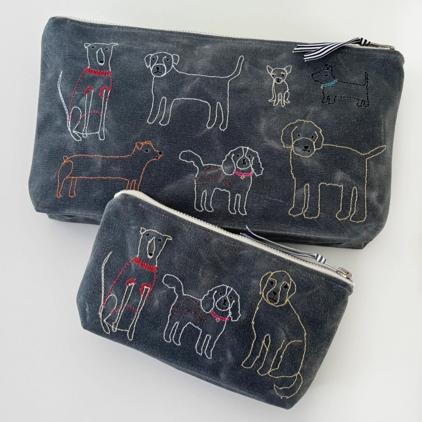 Embroidered Waxed Canvas Pouch - Dogs