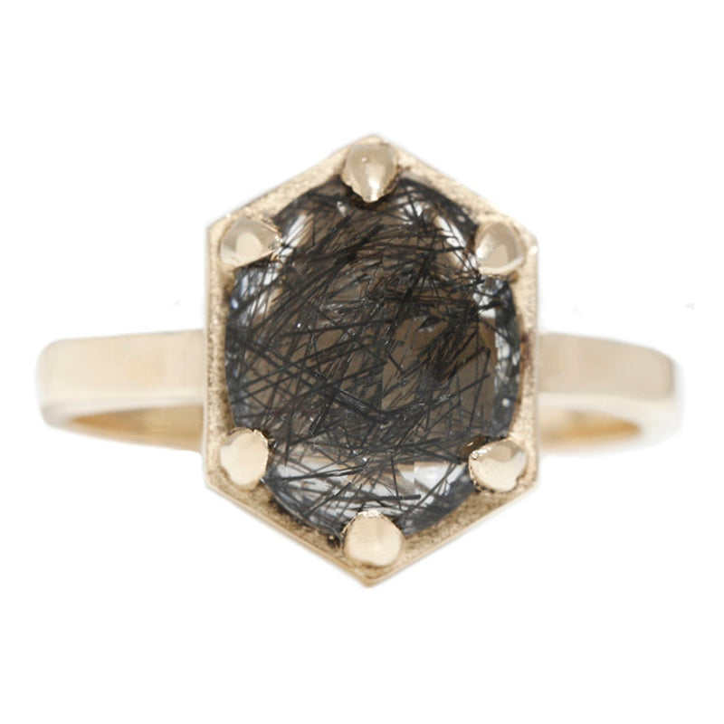 14K YG Hexagon Rutilated Quartz Ring