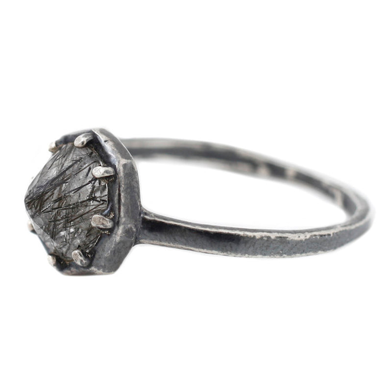 Ox SS Octagonal Ring - Black Tourmalinated Quartz