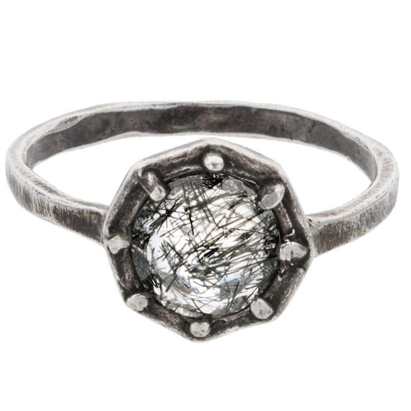 Ox SS Octagonal Ring - Black Tourmalinated Quartz