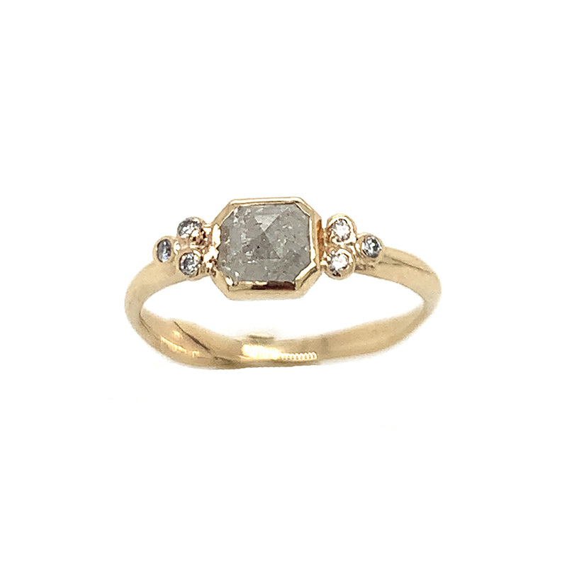 14k Square Grey Diamond Ring with Side Diamonds