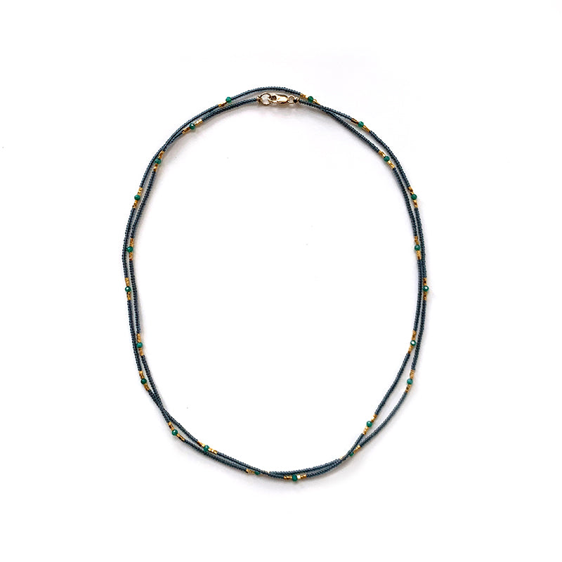 33" Seed Bead Necklace - Grey + Green Onyx