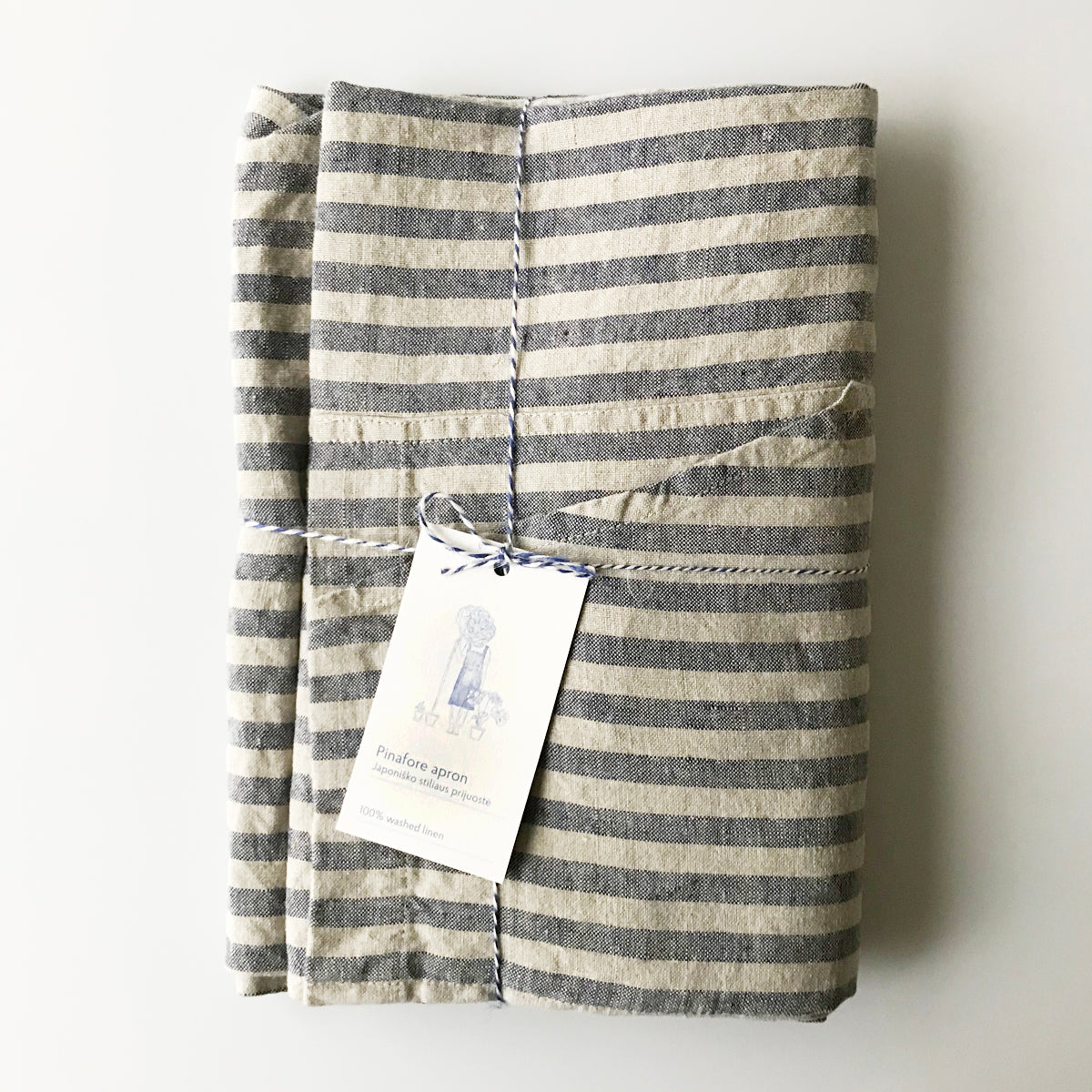 Linen Tales Pinafore Apron - Natural Wide Blue Stripe)