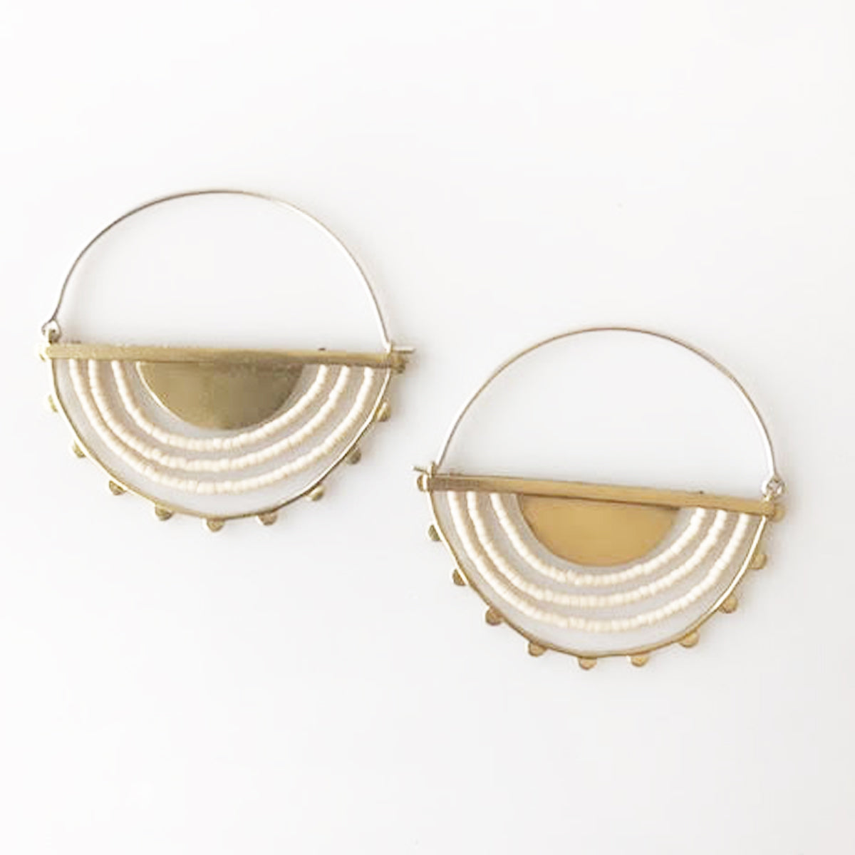 Hemisphere Brass + Cream Beaded Hoop - KESTREL