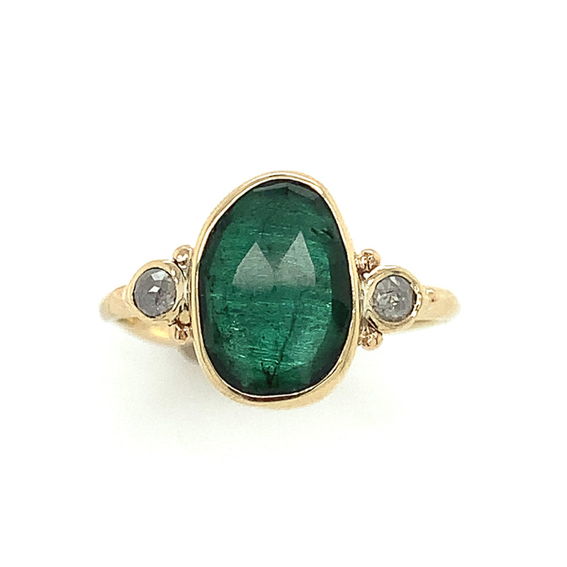 14K Teal Tourmaline Ring w/ Rosecut Diamonds