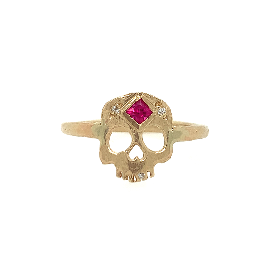 Skull + Princess Cut Ruby Ring