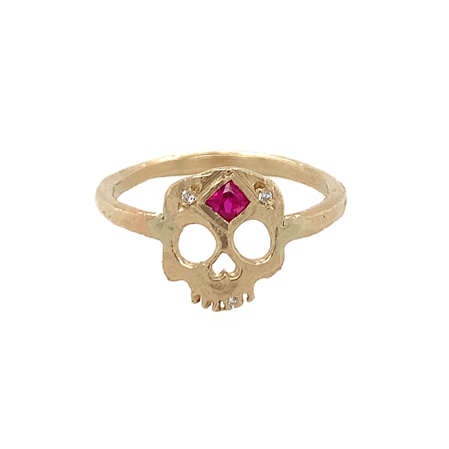 Skull + Princess Cut Ruby Ring