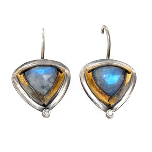 Triangle Rainbow Moonstone Hook Earrings w/ Diamond