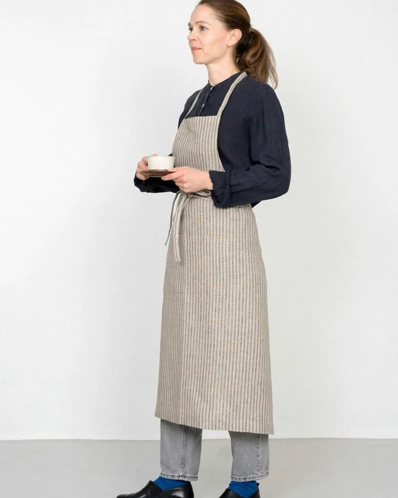 Linen Full Apron - Natural/Black Ticking Stripe