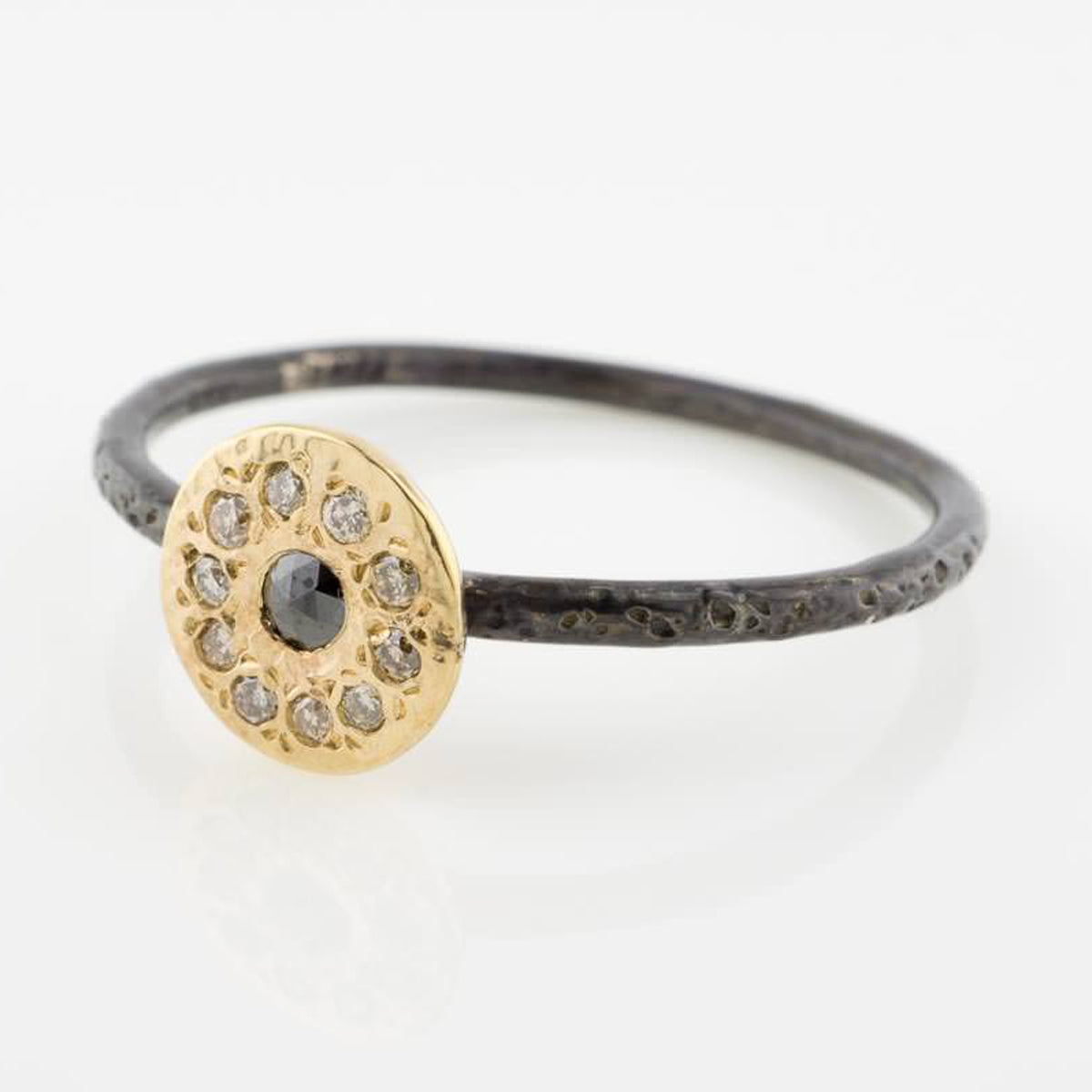 14K Diamond Disk Ring on Oxidized Band