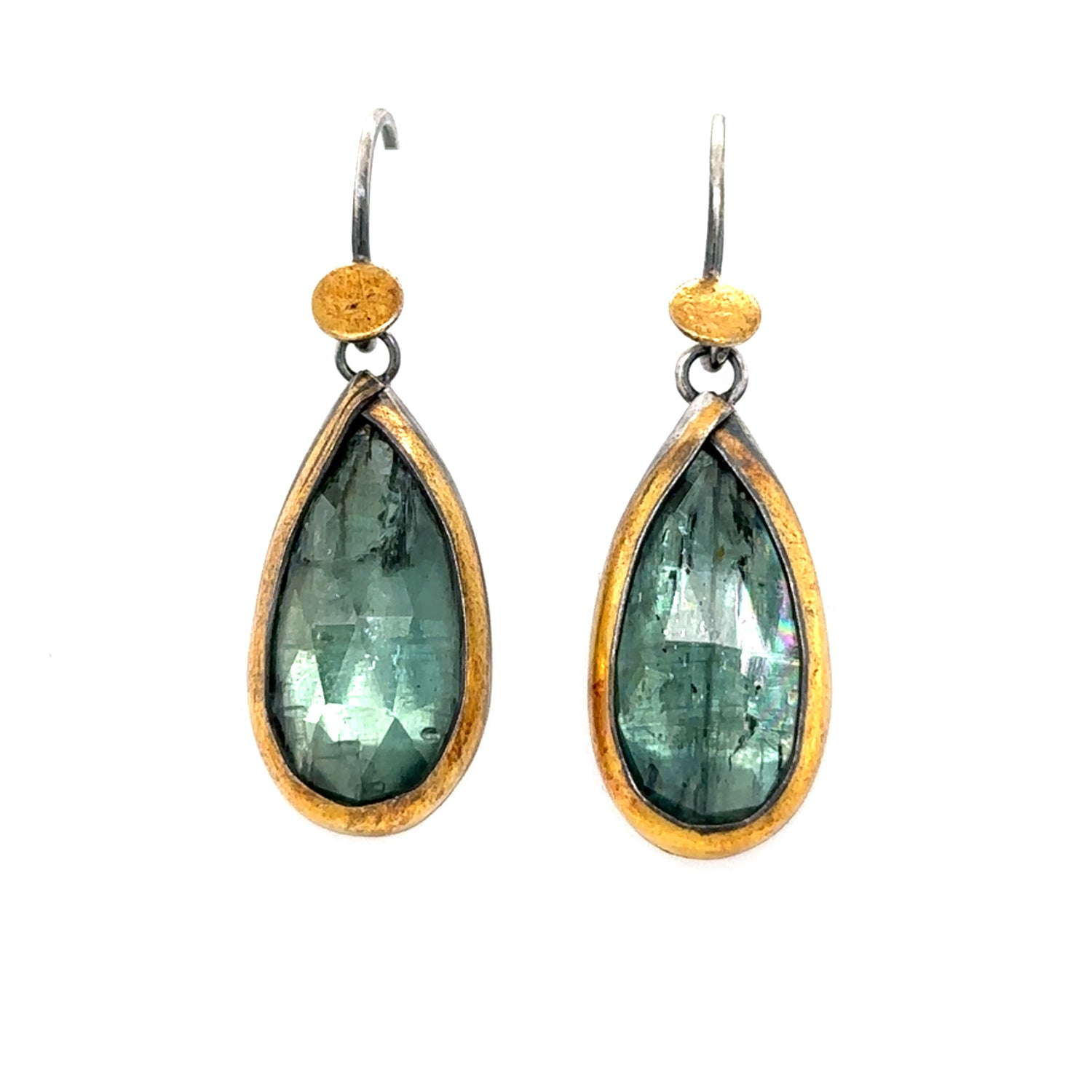 Golden Dot Earrings - Seaglass Green Teardrop Kyanite