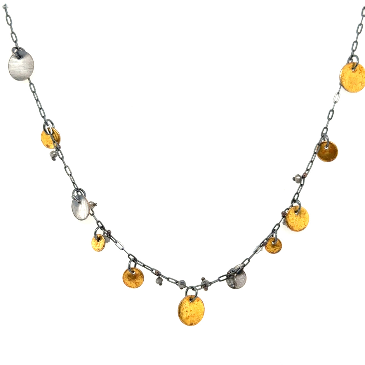 Mixed Metal Disc Grey Diamond Strand Necklace