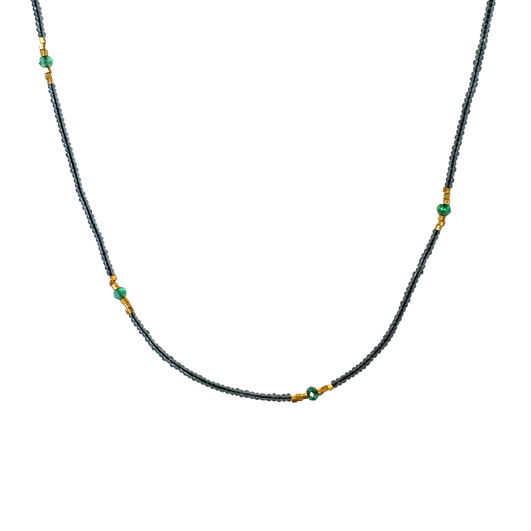 17" Grey Seed Bead Necklace - Green Onyx + Vermeil