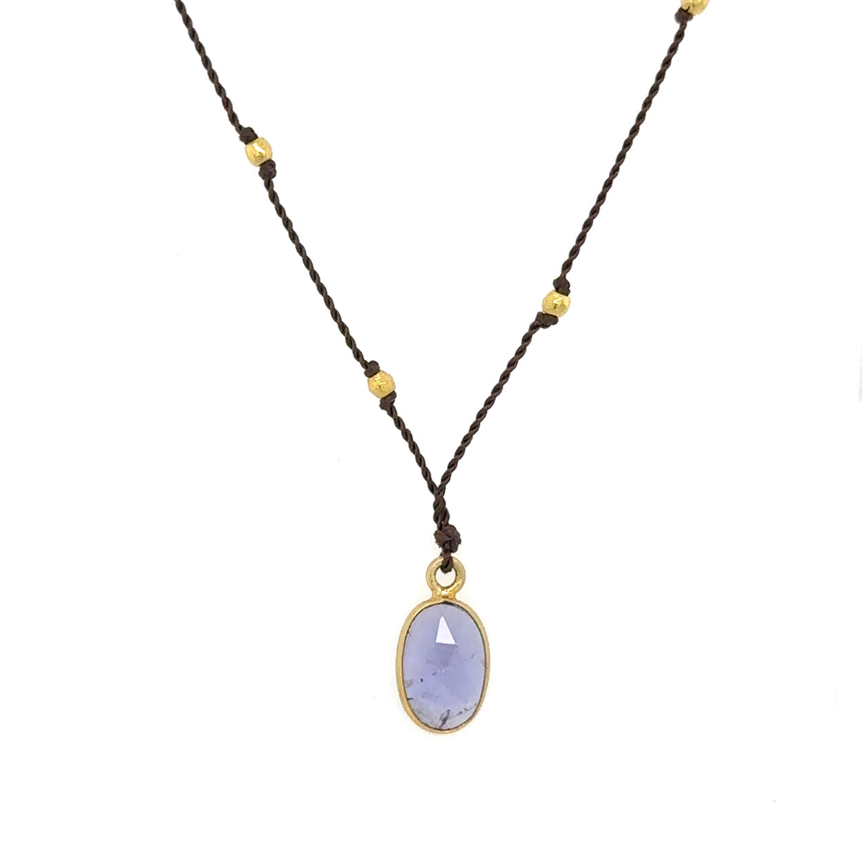 Iolite Bezel Cord Necklace with Knotted Gold Beads