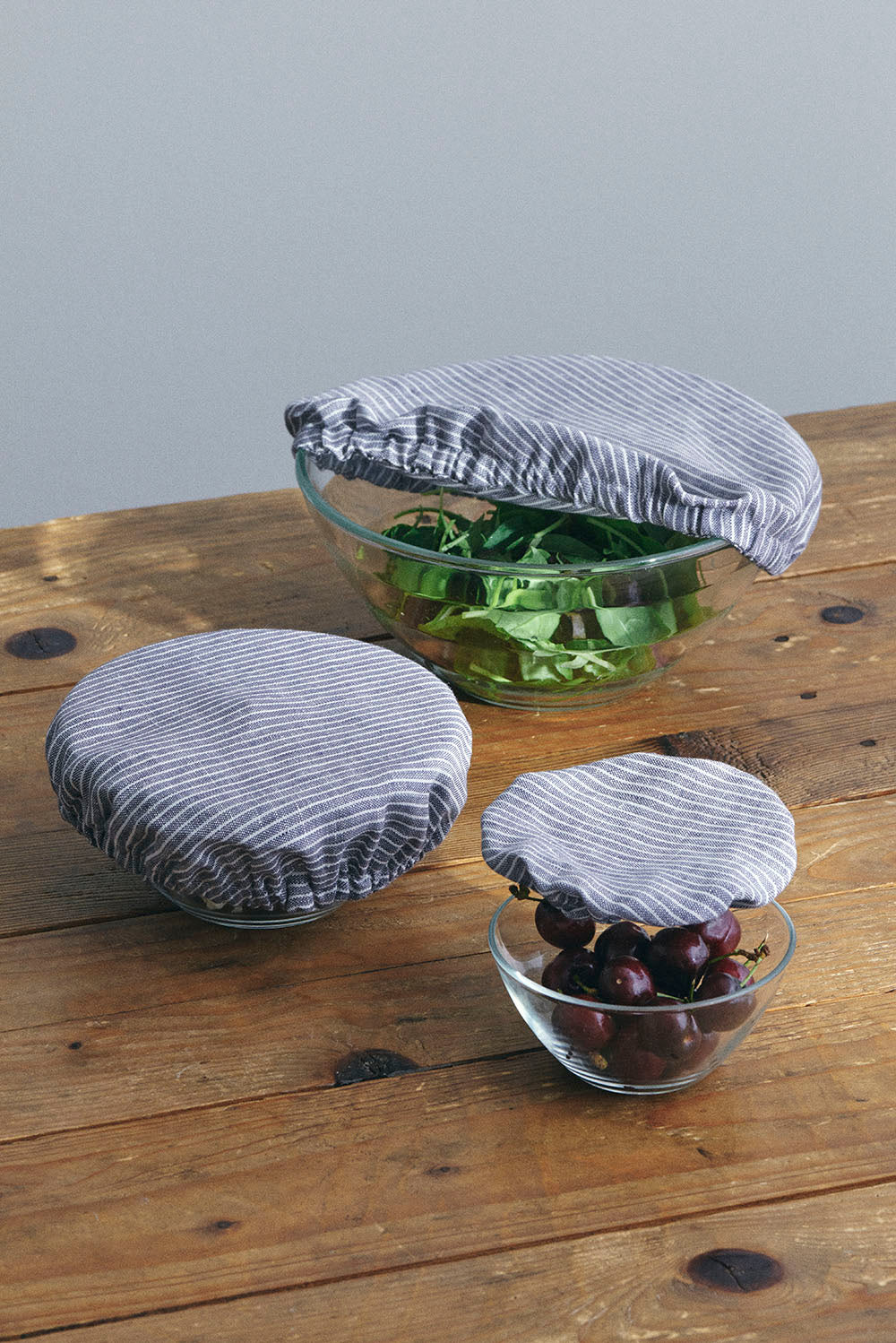 Linen Bowl Cover Set - Grey + White Stripe