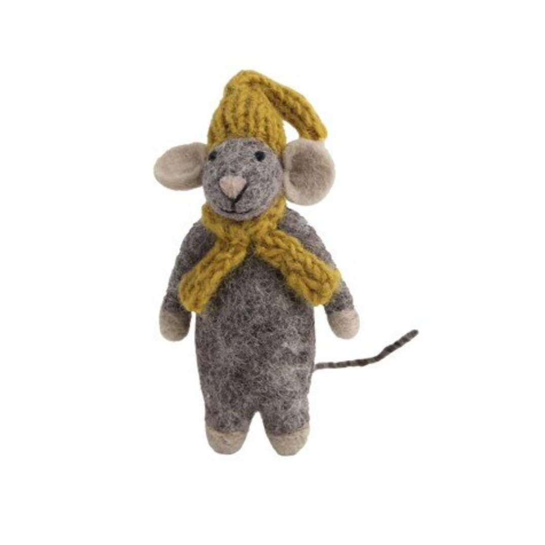 Grey Mouse with Mustard Yellow Hat and Scarf Ornament