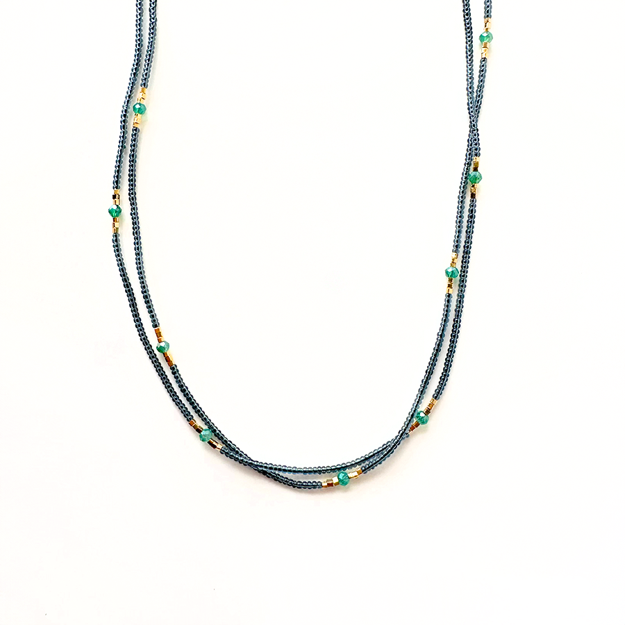 17" Grey Seed Bead Necklace - Green Onyx + Vermeil