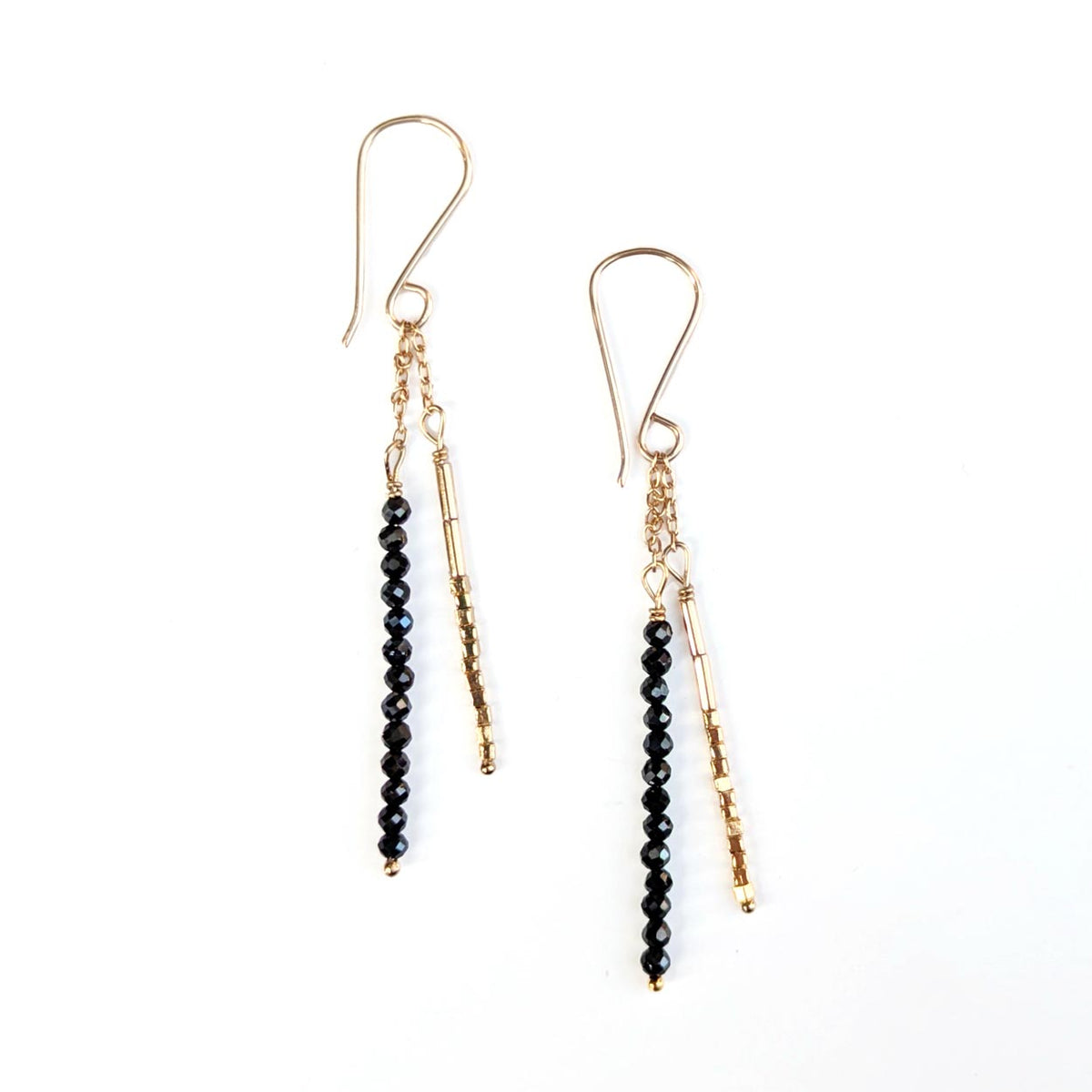 Seed Bead Quill Duo Earrings - Black Spinel and Gold Vermeil