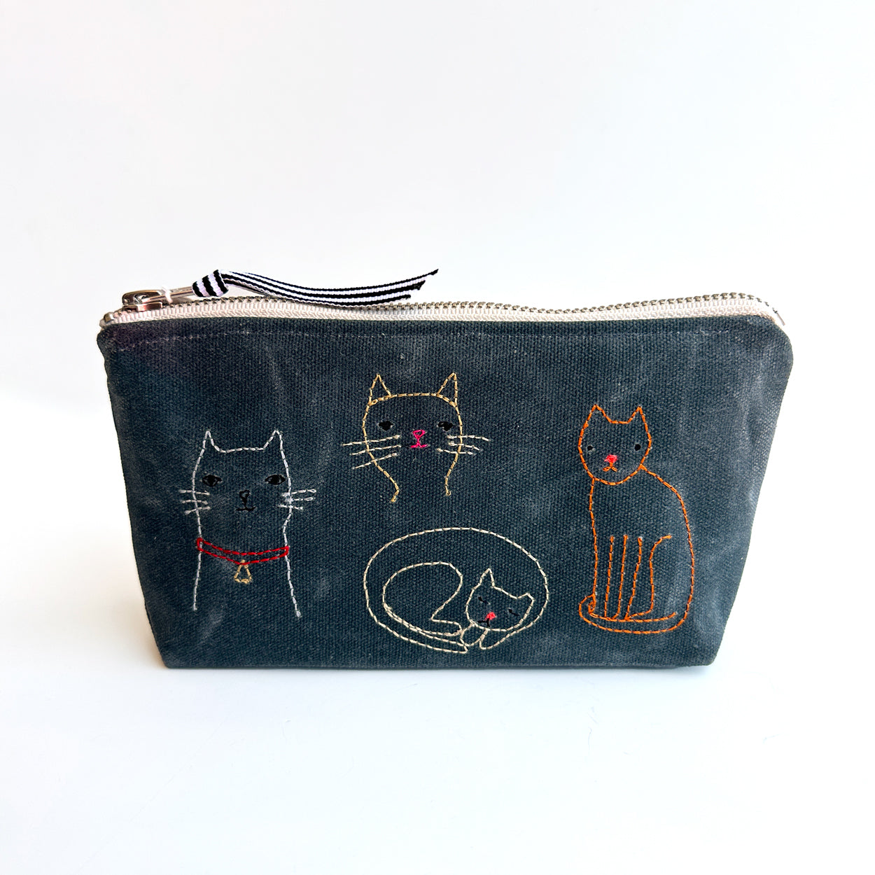Embroidered Waxed Canvas Pouch - Cats