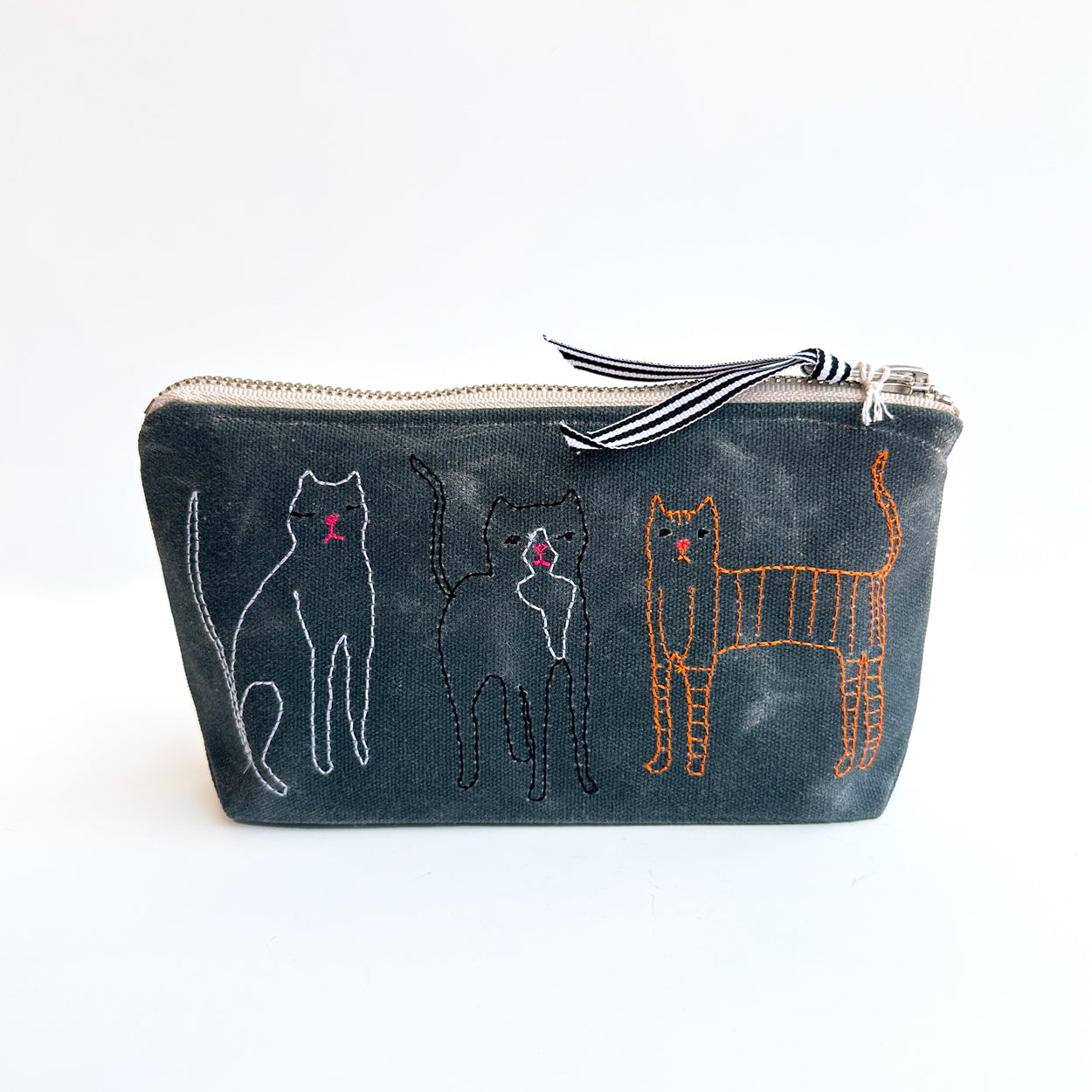 Embroidered Waxed Canvas Pouch - Cats