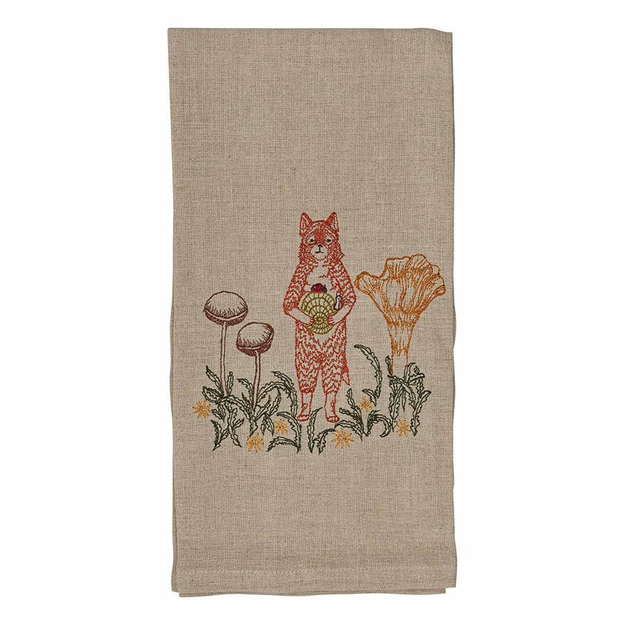 Fox with Mushrooms Tea Towel