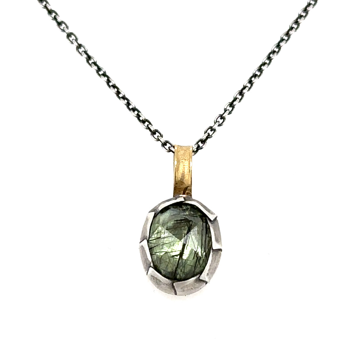 Tourmalinated Peridot Crimped Bezel Necklace