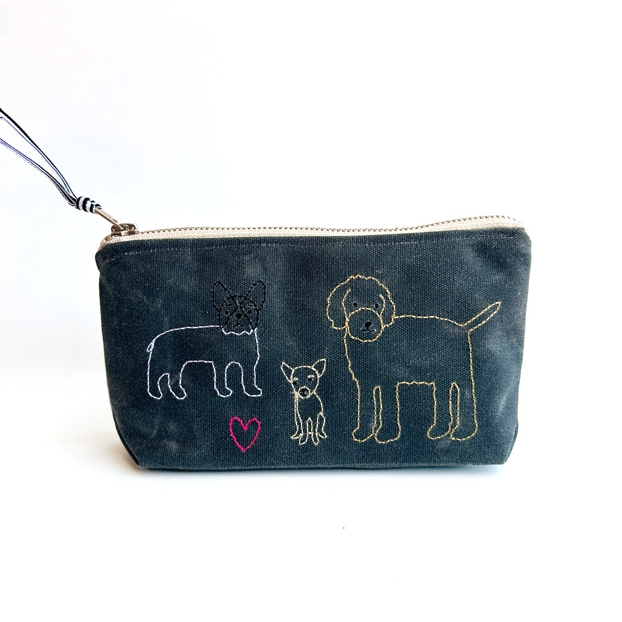 Embroidered Waxed Canvas Pouch - Dogs