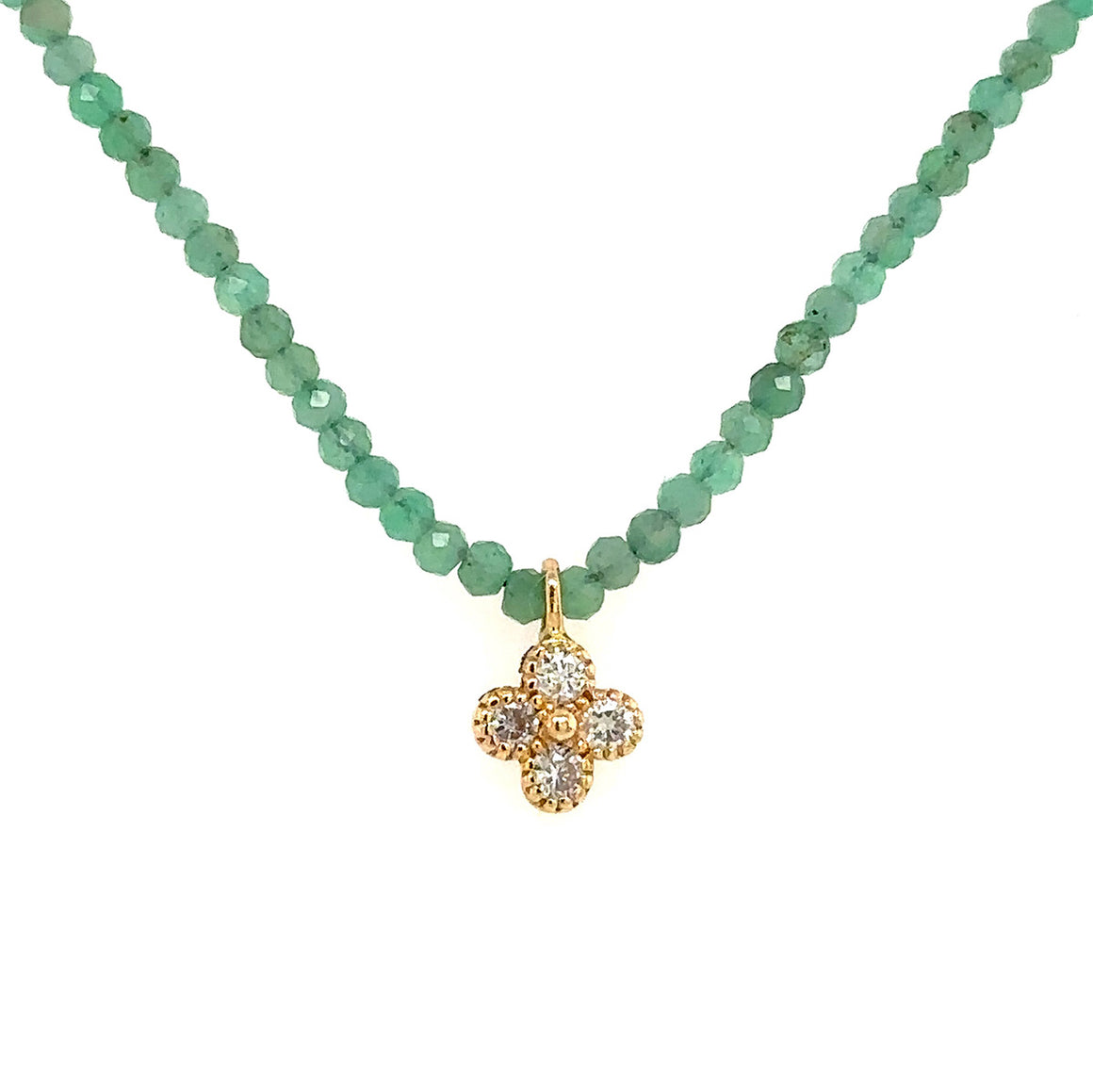 Emerald + Diamond Clover Charm 14k Beaded Necklace