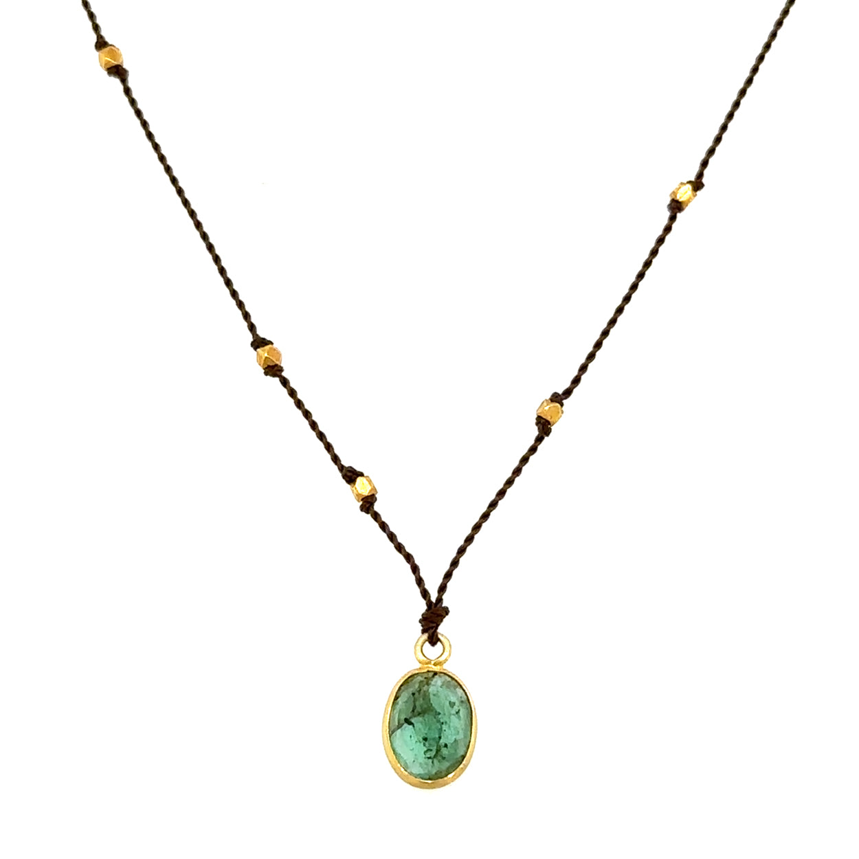 Emerald Lark Bezel Cord Necklace with Knotted Beads